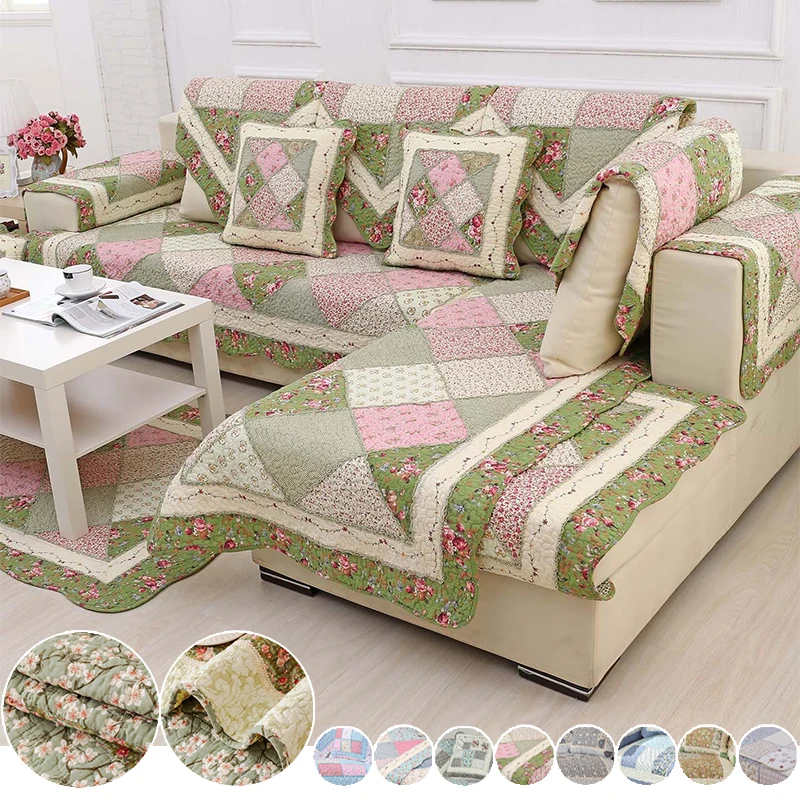 

Korean Style Floral Cotton Sofa Cover Non Slip Quilted Seat Pad Modern Printed Slipcover for Couch Seat Floating Window Decor