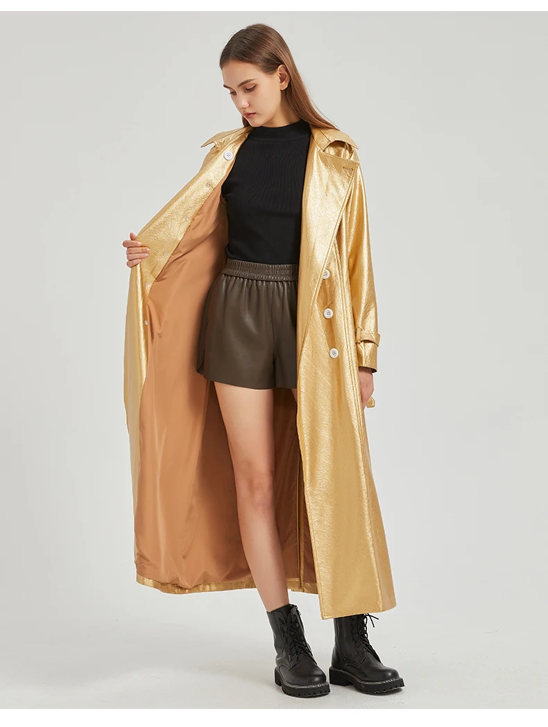 Lautaro Spring Autumn Extra Long Gold Shiny Pu Leather Trench Coat for Women Sashes Double Breasted Luxury Europe Fashion 2024