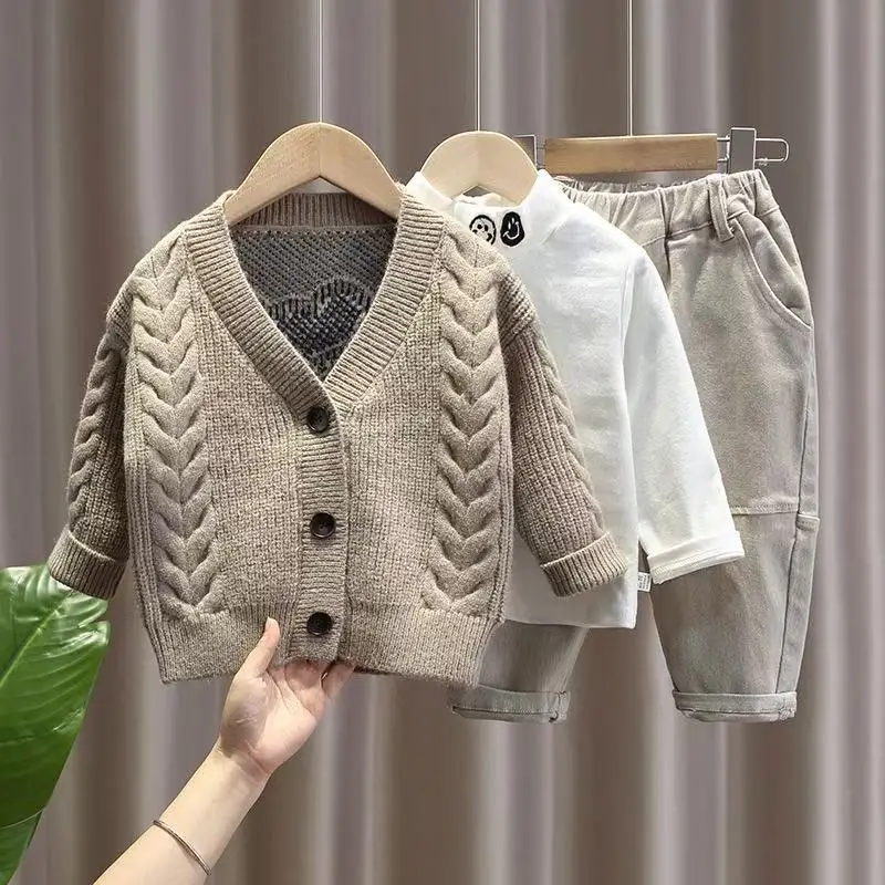Boys' Spring and Autumn Set Western Style Children's Knitted Sweater Coat Boys' Baby T-shirt Pants Three-Piece Set 80-130CM
