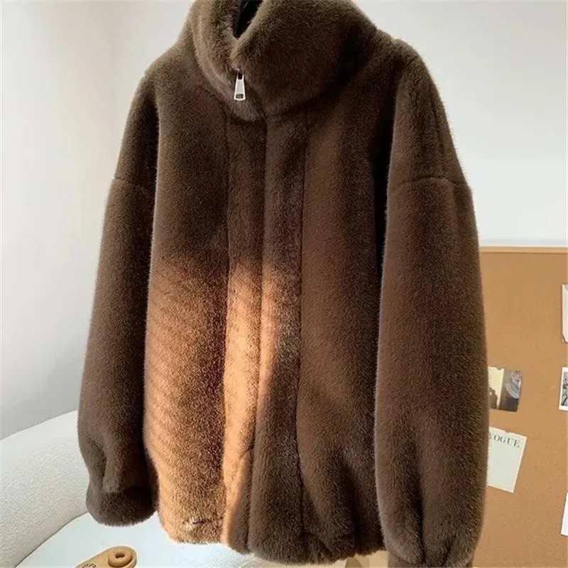 Casaco de pele de vison para mulheres, jaqueta casual solta, casaco de pele sintética, blusa feminina, outono e inverno, mantenha-se aquecido, novo, 2024