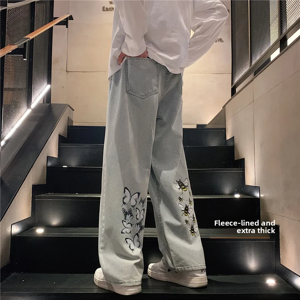 

Men's Winter Thiened Fce Lined Jeans Loose Straight Leg Casual Long Trousers American Retro Sle Wear Resistant