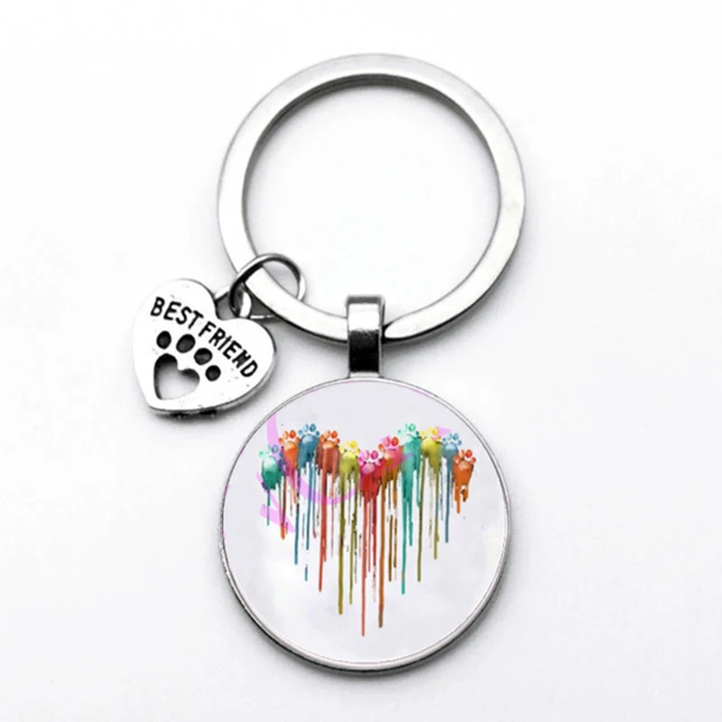 Popular Jewelry Dome Glass Zinc Alloy Keychain Pet Dog and Cat Paw Print Paintings Gifts