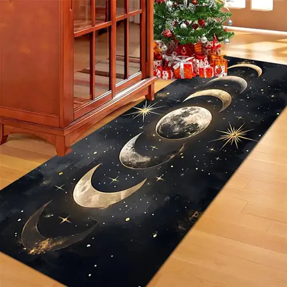 Moon Phase Starry Sky Print Runner Rug Soft Flannel Washable Floor Mat for Bedroom Kitchen Entryway Celestial Themed Home Decor