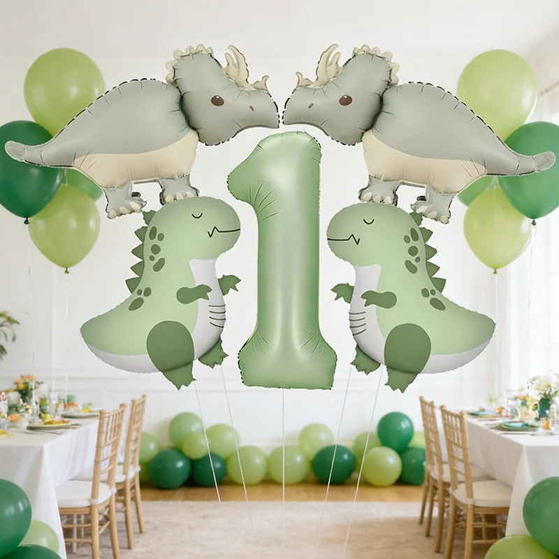 6 Stück Matte Dinosaurier Triceratops Ballons 40 Zoll Olivgrün Nummer 1-9 Geburtstagsballon-Set Babyparty-Zubehör Foto-Requisiten