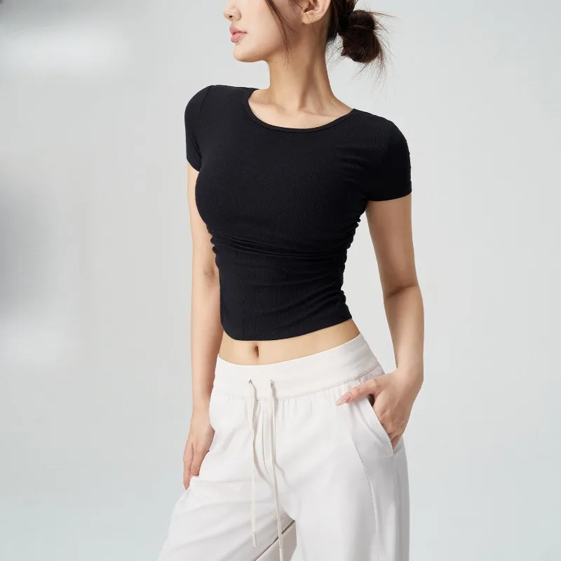 Camicetta attillata estiva Tuta da yoga Spalla frontale Vita Manica corta T-shirt sportiva da donna Tuta da fitness da corsa