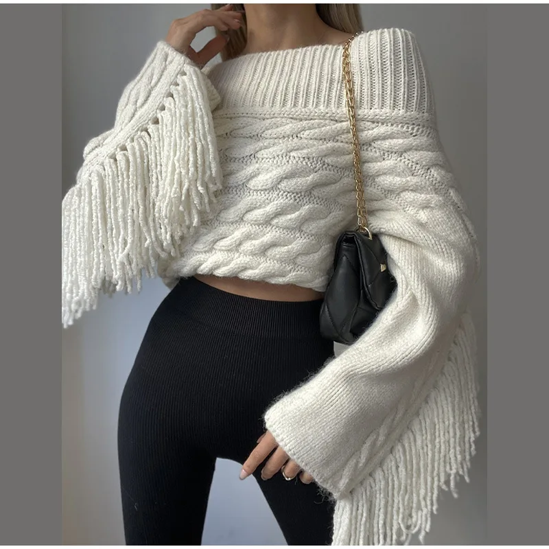 

Sexy Slash Neck Long Sleeves Pullover Jumper 2025 Elegant Off Shoulder Spliced Tassels Women Sweater Autumn Lady Chic Knitwear