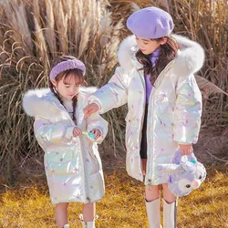 OLEKID 2024 Winter Children Down Jacket For Girl Embroidered hooded Shiny Long Teenage Girl Outwear Coat 5-14 Years Kids Parka