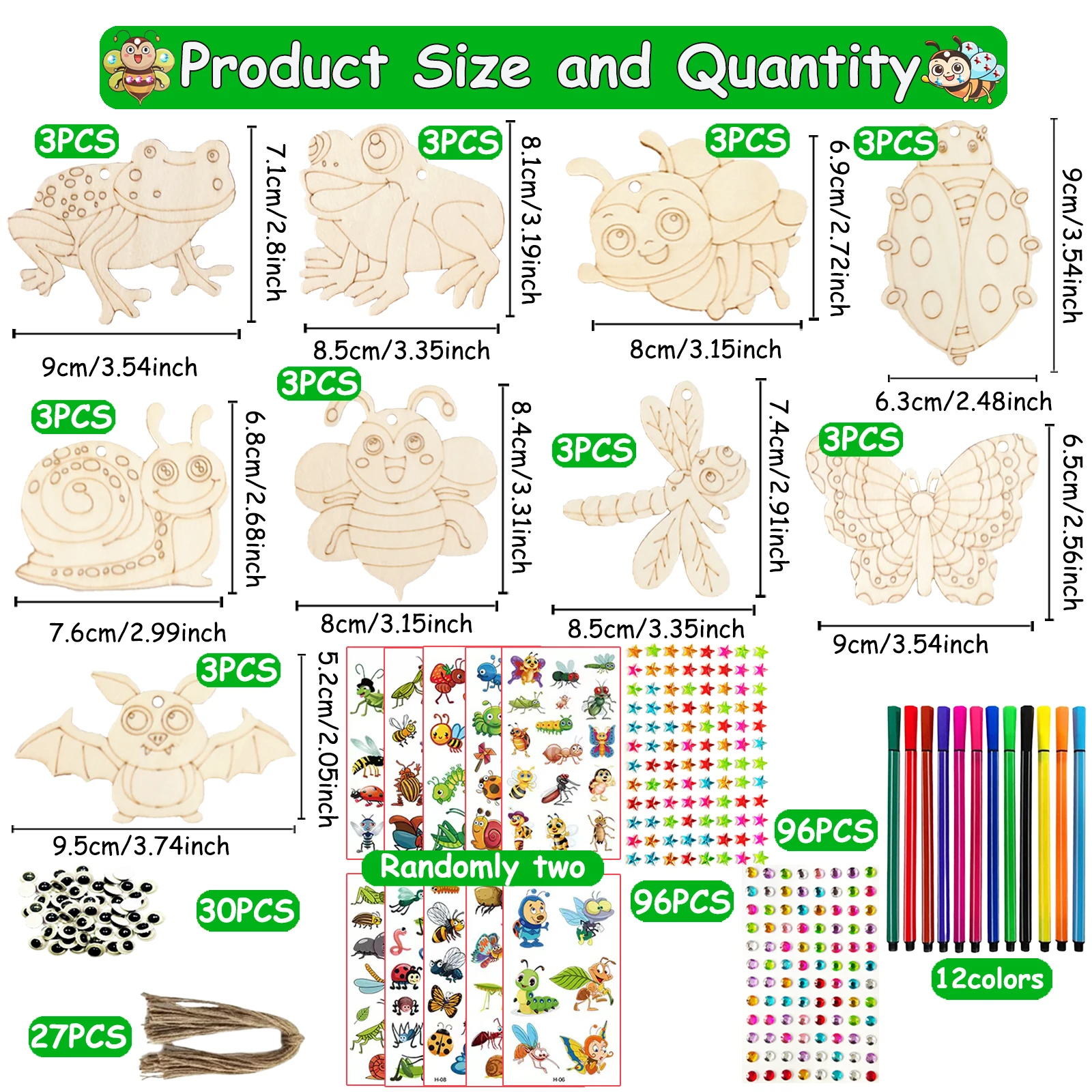 290個の昆虫をテーマにした木製工芸品セット、カラフルな木製工芸品、未完成の工芸品セット、DIY工芸品セット、誕生日プレゼントに最適