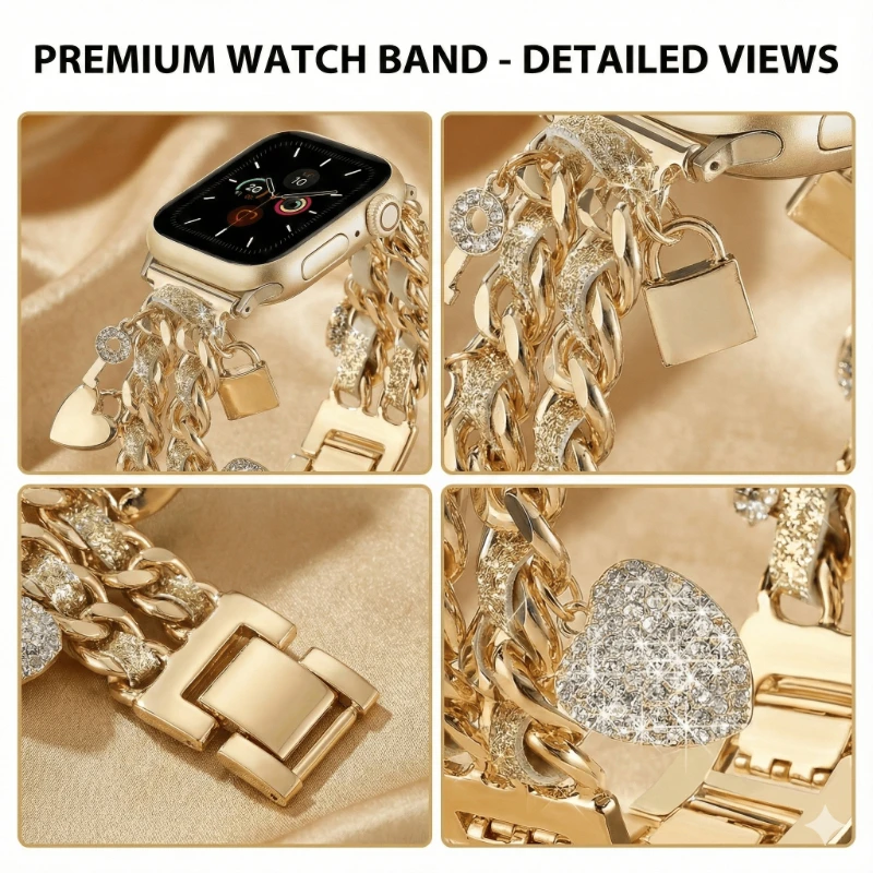 Women Stylish Charm Strap for Apple Watch Band 38mm 40 44 42 46 4145mm Heart Lock Key Chain Bracelet iWatch 10 9 8 7 6 5 4 SE view 4