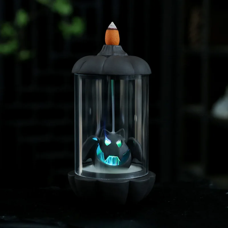Purple Clay Windproof Cover Backflow Incense Burner Creative Pumpkin Halloween Little Devil Iridescent LED Light Home Incense Bu