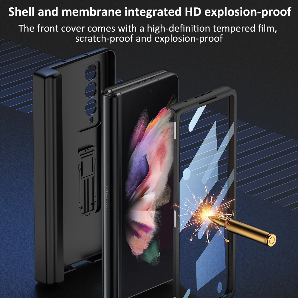 Magnetic Hinge Plain Leather Case For Samsung Galaxy Z Fold 3 All-included Protective Pen Holder Cover For Galaxy Z Fold3 4 Case