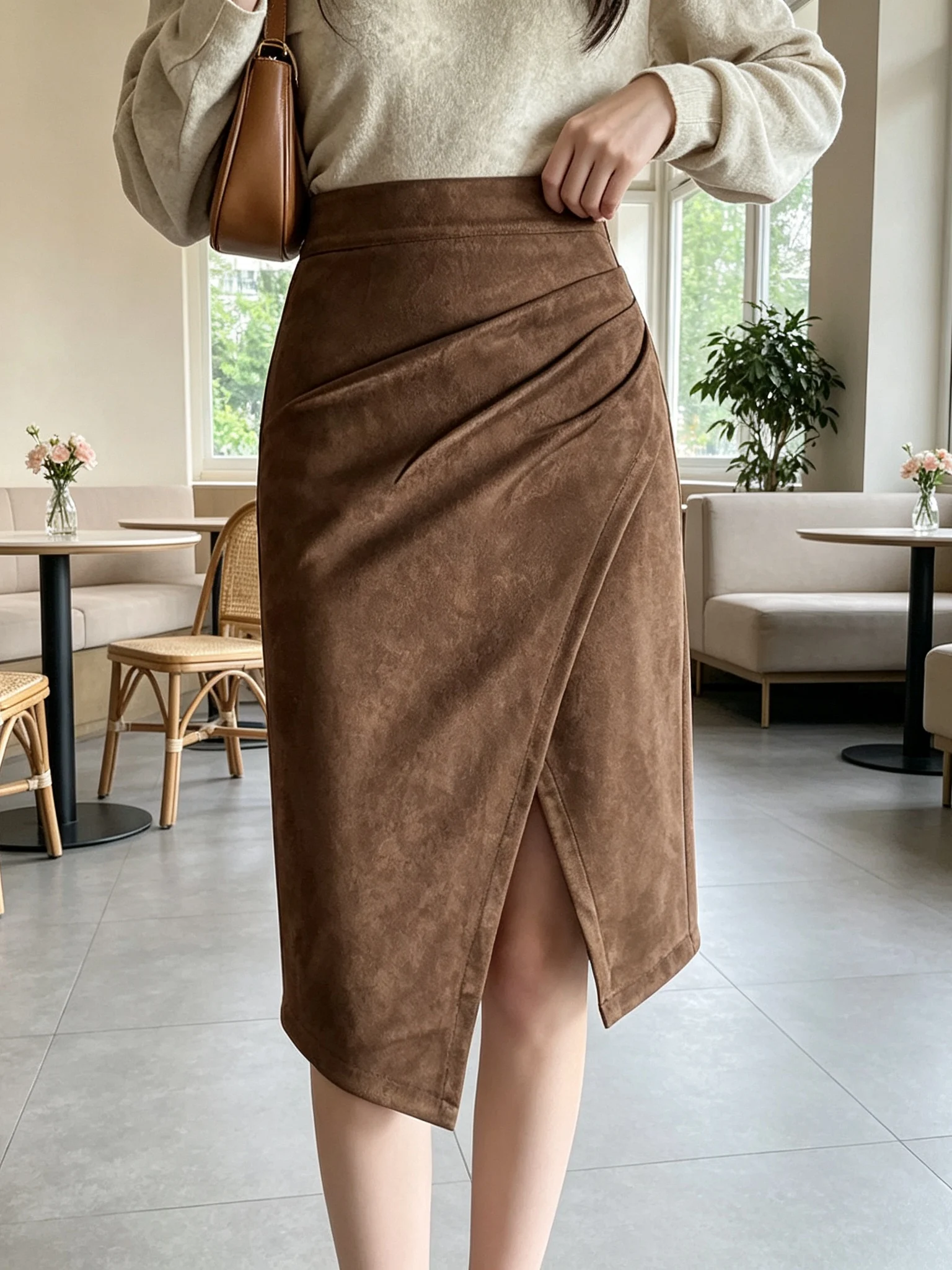 Slimming Suede  Skirt Professional One-Step Pleated Autumn Winter New Arrival Fashion Wrap around High Waist Zipper Back