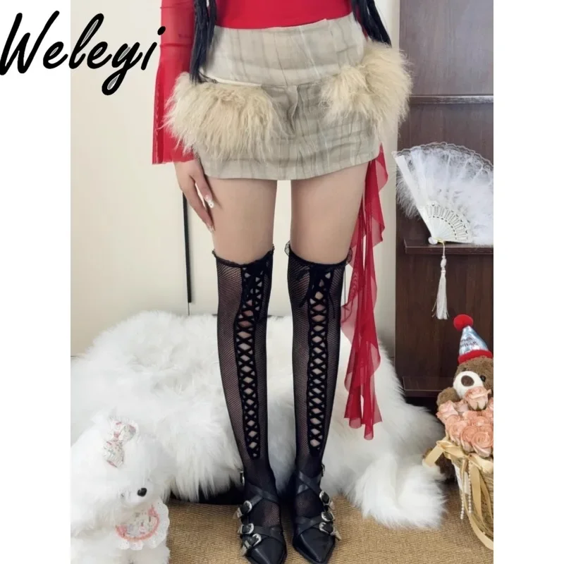 Jirai Kei Lolita Sweet Cool Hollow Cross Strap Thigh Socks Personalized Japanese Soft Girl Over Knee Stockings Women 1 Pair