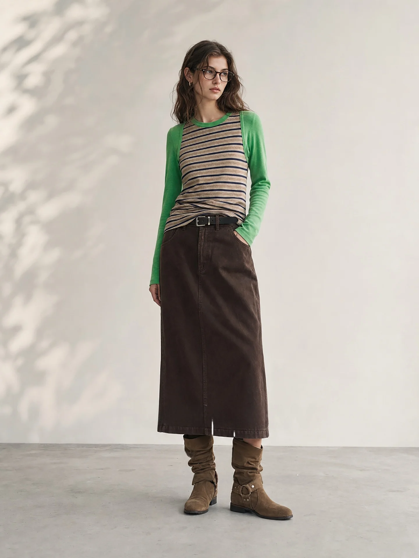 HUAAPPUW  Green Striped Color Block Long Sleeve T-Shirt Casual Style Women's Fashion Light Weight Office Wear Autumn New...