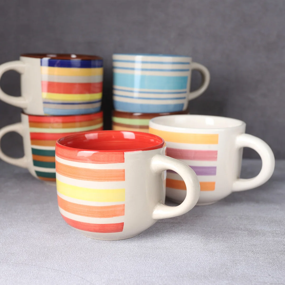 Colorful Striped Pattern White Mug Fun Ceramic Coffee Tea Milk Mug