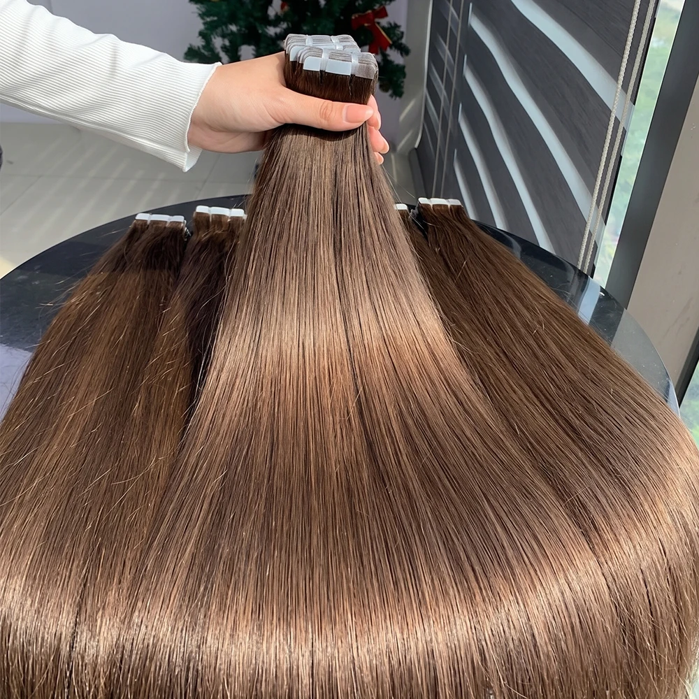 16A Brown Tape In Hair Extension Straight Seamless Invisible Tape In Human Hair Extensions 42 Pcs-100g 16 18 20 22 Inch Colored Raw Virgin Skin Adhesive