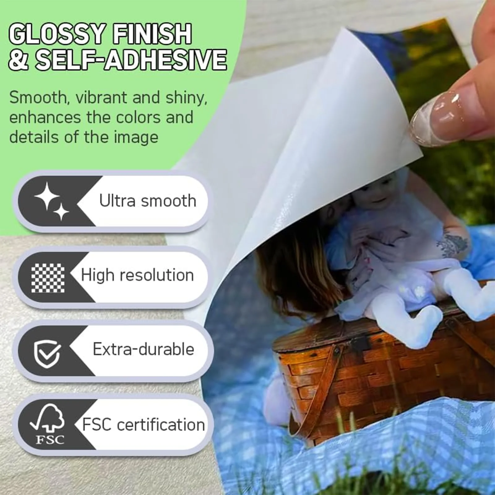 100 Sheets 5x7 Inch Adhesive Glossy Photo Paper 12.7x17.8cm 135Gsm Compatible with Inkjet Printing Sticker Paper Home Office Use