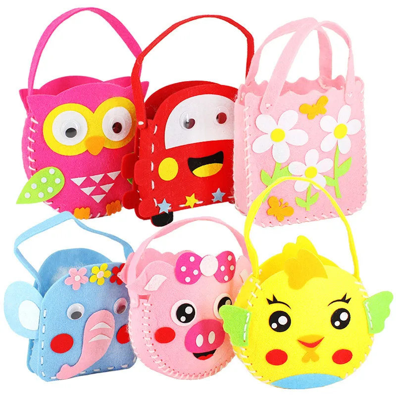 6 pcs Children Cartoon Non-woven Handicraft Toys Kids Handmade Bag DIY Animal Flower Handbags Crafts Art Sewing Toy Craft