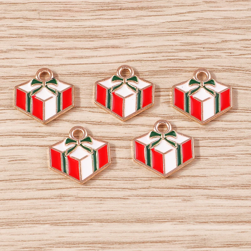 10 Stück 15x15mm Niedliche Emaille-Weihnachtsgeschenkbox-Anhänger für Schmuckherstellung, Ohrhänger, Halsketten, DIY-Bastelzubehör – Detail 6