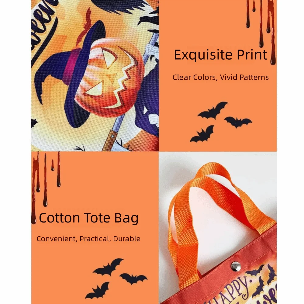 휴대용 할로윈 캔디 토트 백 휴대용 호박 패턴 디자인 할로윈 간식 가방 끈/스냅 버튼 경량