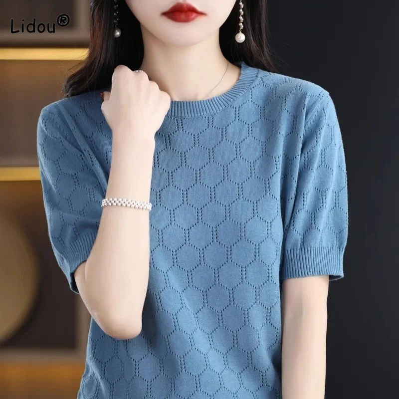 Commute All-match Solid Color Knitted T-shirt for Female Fashion Comfortable Round Neck Casual Pullovers Tops Women\'s Clothing