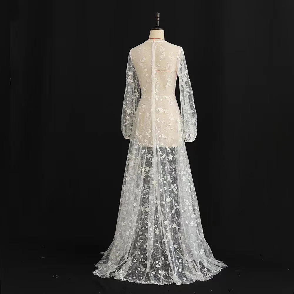 Abito da sposa di lusso perla manica lunga giacca da sposa stella pizzo Tulle partito scialle pavimento-lunghezza mantello da sposa abito Sexy