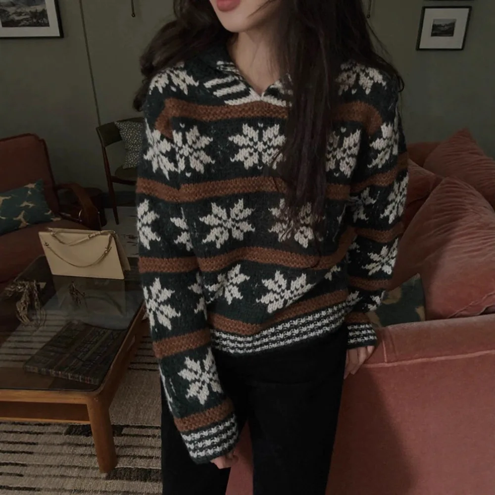 

Cisas Snowflake Alpaca Wool Knit Sweater Loose Overhead Vintage Striped Women's Faion Korean Sle Thiened Autumn Winter