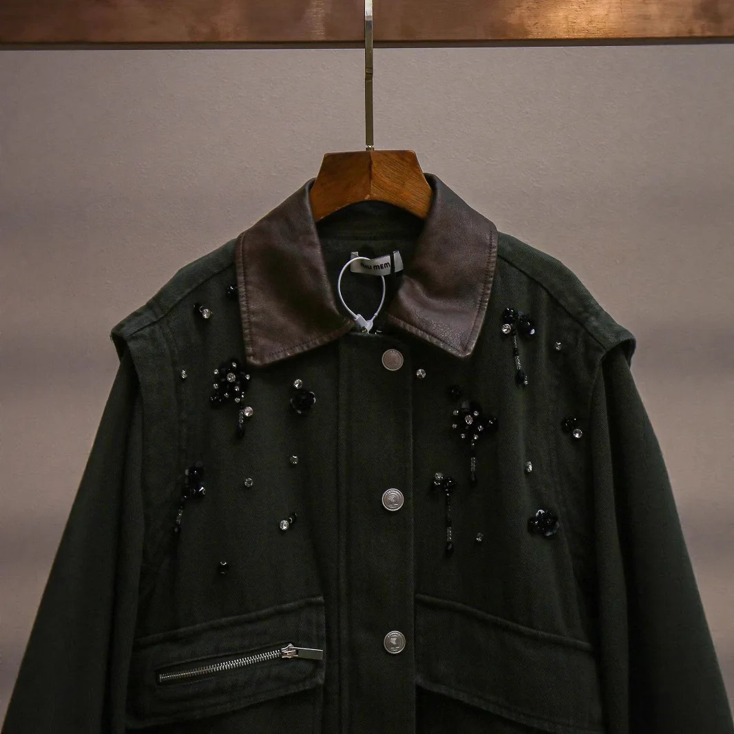 Jaqueta Feminina de Couro Retrô de Alta Qualidade MaSande com Gola de Cordão e Decoração de Contas, Casaco de Manga Longa