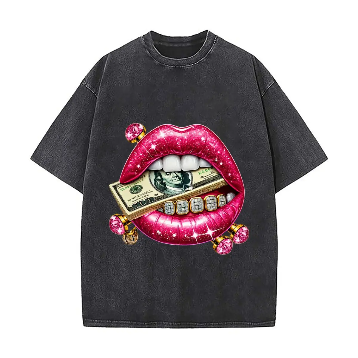 Pink Glitter Lips Biting 100 Dollar Bill Diamond Grillz Gemstones Distressed Vintage Oversized Streetwear Tops for Coffee Dates
