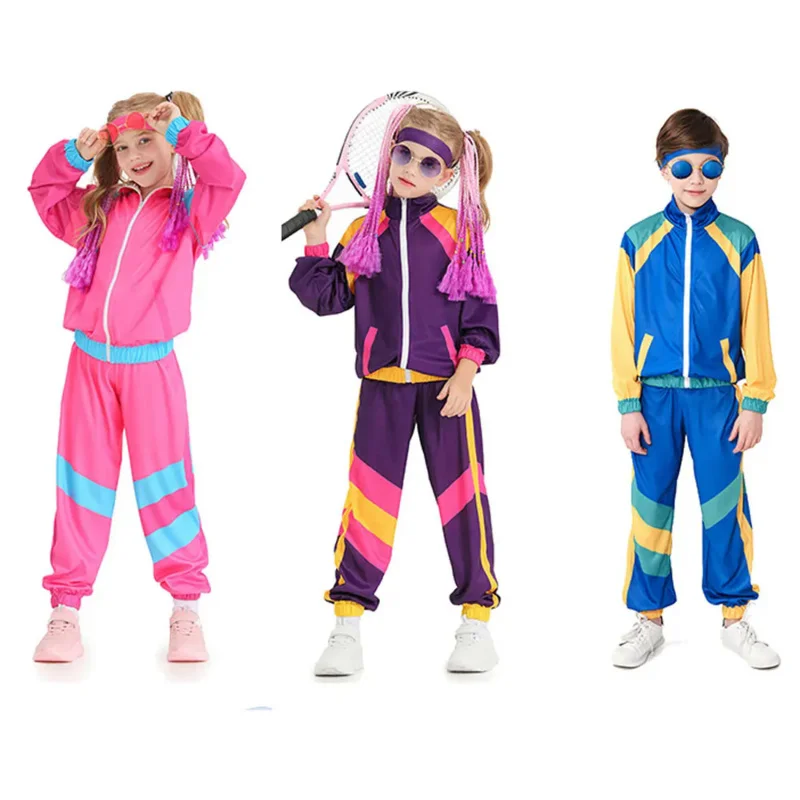 Kids Boys and Girls 80s Hip Hop Costume Shell Suit Retro Tracksuit Windbreaker 3 Pieces Outfits Disco Dancewear