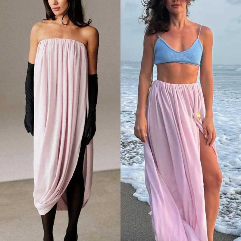 

Fashion Women's Spring Summer Tulip Ruched Maxi Skirt Draped High Split Elastic Waist Long Skirt For Street Daily Vacation Wear
