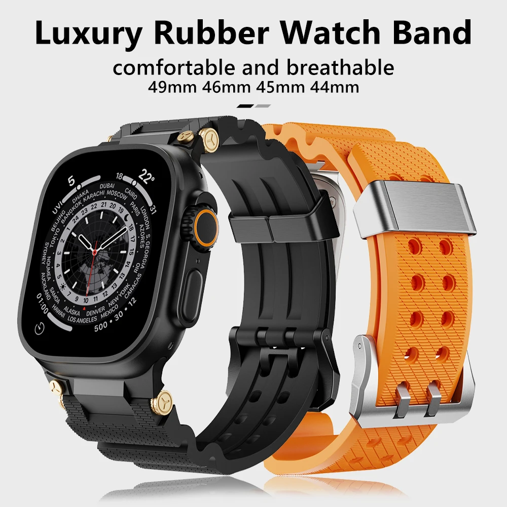 

Sports Luxury Rubber Band for Apple Watch Ultra 2 49mm Series 10 46mm Men Bracelet for iWatch 9 8 7 45mm 6 Se 5 4 44mm Wristband