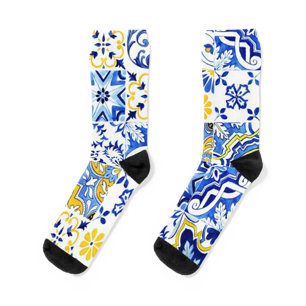 Portuguese Azulejos Amarillo - Historic City Centre -Abstract Patterns on Tile Socks Soccer Rugby designer Men Socks Women's