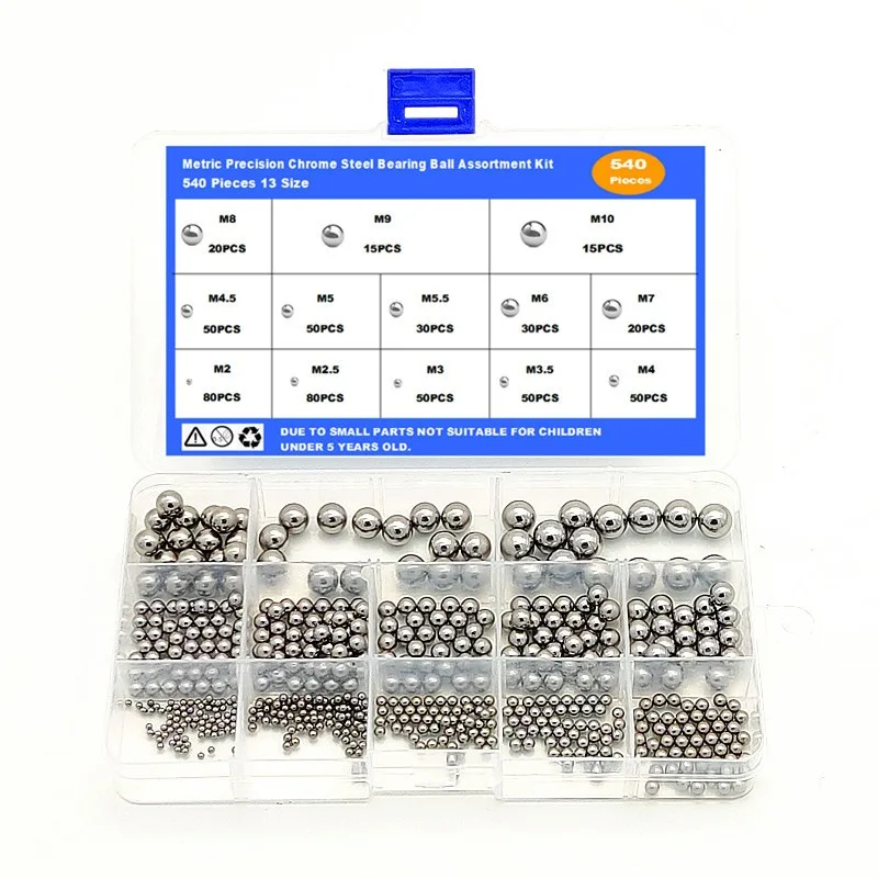 540PCS Boxed High Strength Precision Bearing Steel Balls, Solid Steel Beads 2mm - 10mm Mixed Sizes