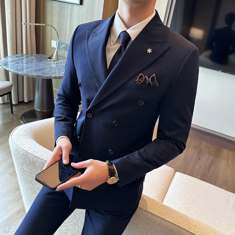 (Jacket + Trousers) Fashion Double Breasted Design Slim Men\'s Suit Italian Style Luxury Wedding Social Party Tuxedo 2 Piece Sets