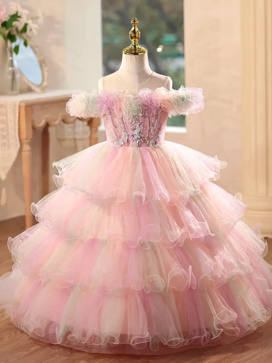 Dreamy Vow D200 Off Shoulder Girl Dress Beading Floral Pearls Lovely Princess Kids Wedding Birthday Festival Party Pageant Gown