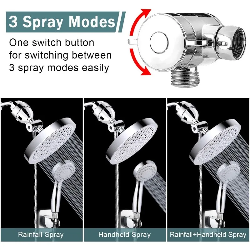 Filtered Shower Head, High Pressure Rainfall Head/Handheld Filter Combo, Luxury Modern Chrome Plated with 60'' Hose Anti-leak