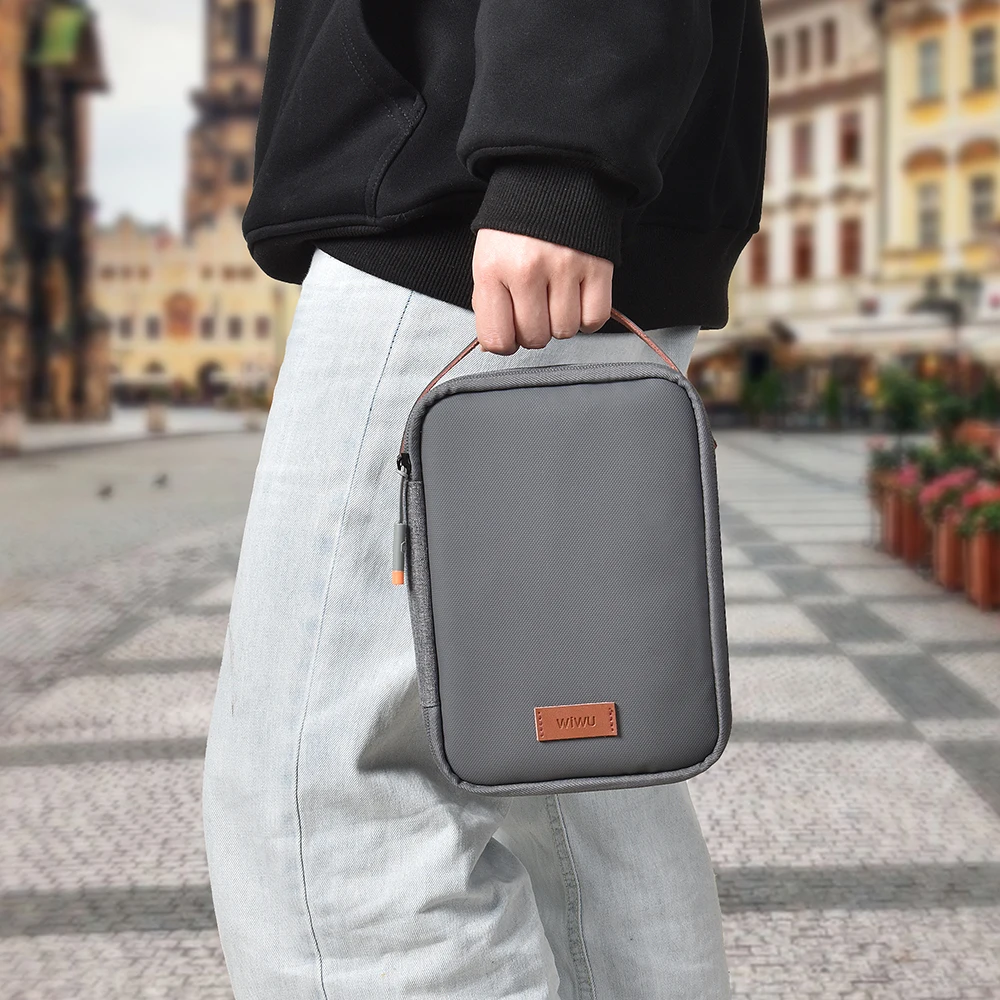 WiWU Travel Electronic Organizer Case for MacBook Power Adapter Charger Cables Power Bank Tech Pouch Leather Handle Portable Bag