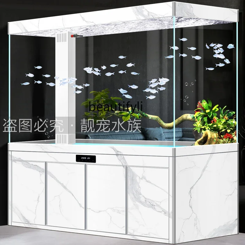 Living room floor-to-ceiling large dragon fish tank water-free ecological bottom filter ultra-white glass partition aquarium