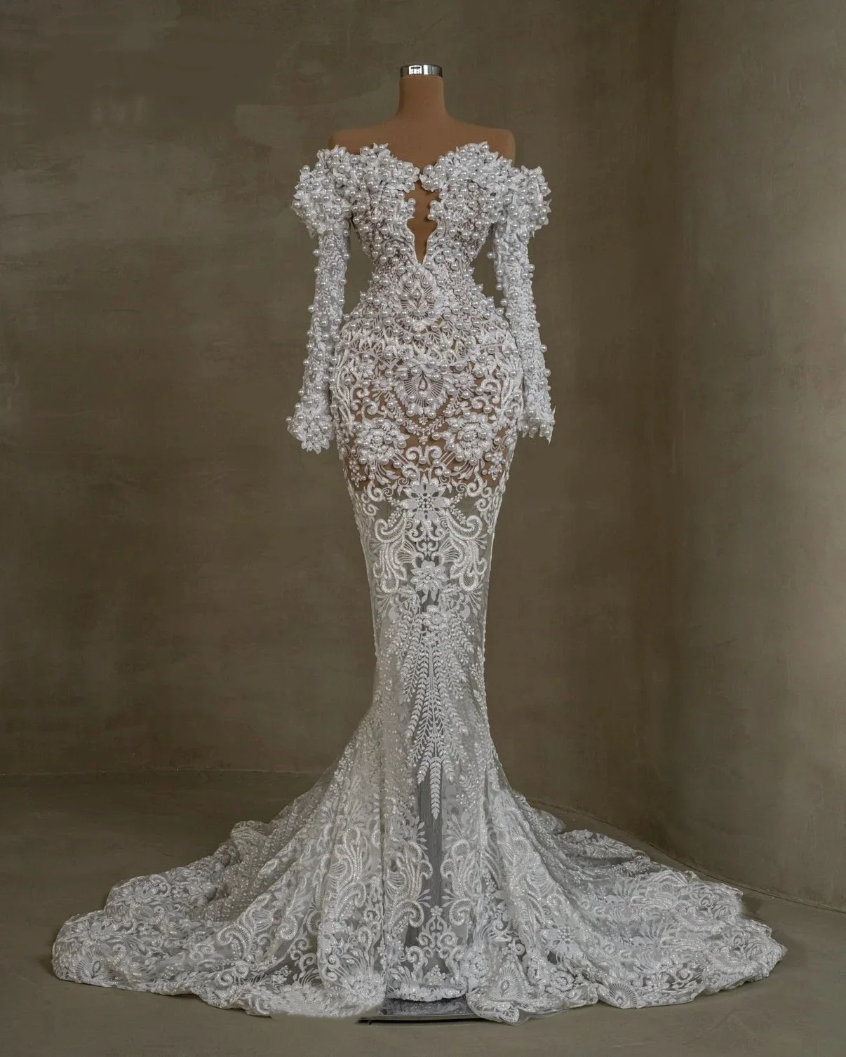 فساتين زفاف رائعة بدون أكتاف لؤلؤية فساتين زفاف مزينة بأكمام طويلة الأميرة حورية البحر مخصصة فيستدوس دي نوفيا