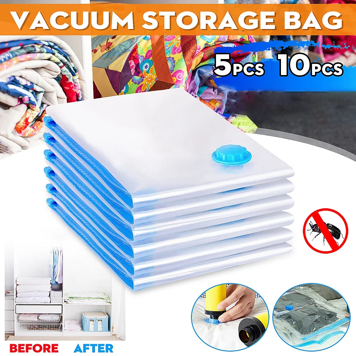 

10Pcs Vacuum Storage Bags Reusable Saver Bags Closet Seal Compression Bags Leak-Proof Vacuum Packing Bags Clear Space Travel