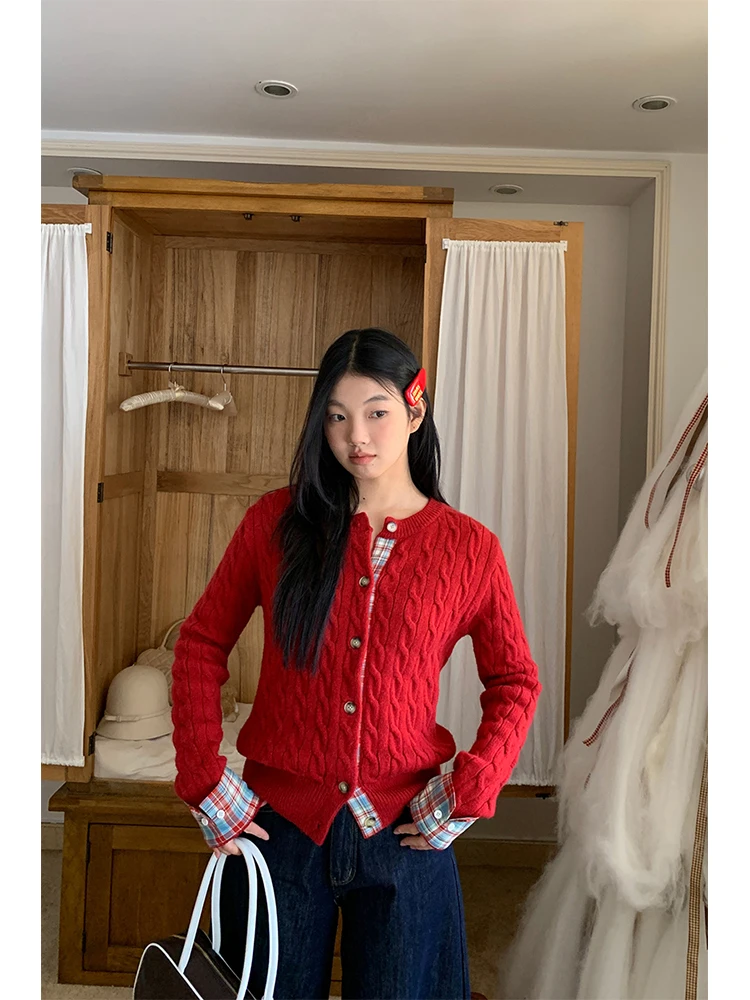 

Красный вязаный свитер, кардиган, женский весенне-осенний дизайн, уникальная красивая маленькая вязаная верхняя одежда, повседневная одежда для поездок на работу