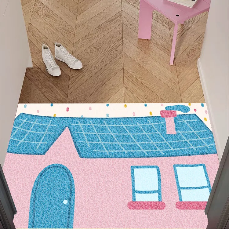 Cute Cartoon Colorful House Print PVC Coil Doormat Anti‑Slip Dirt Trapping Welcome Mat Indoor Outdoor Home Entrance Decor Rug