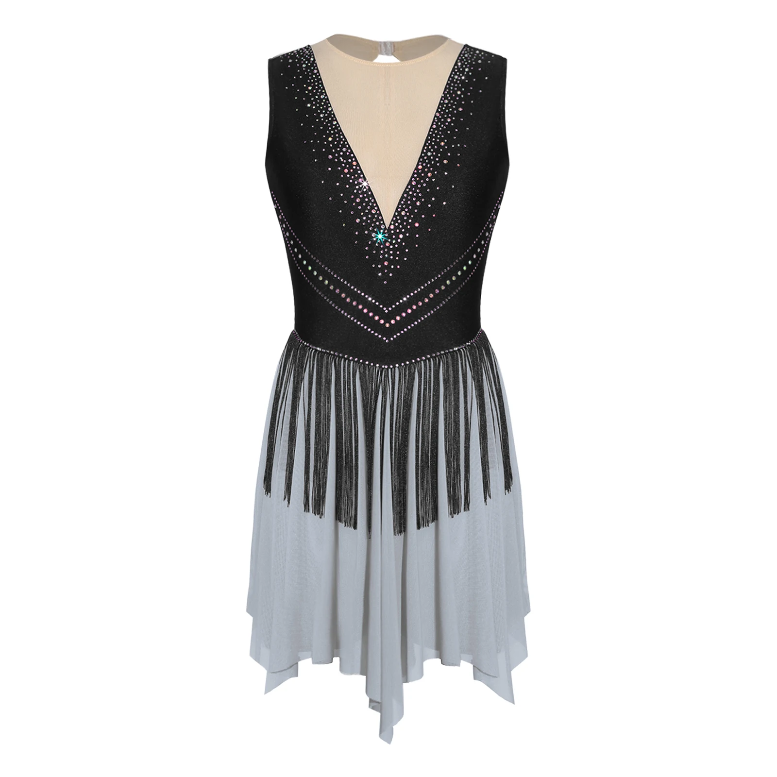 

Competition Figure Skating Dress Glittering Rhinestones Tassel Sleeveless with Contrast Mesh Panels Ballet Latin Dance Costume