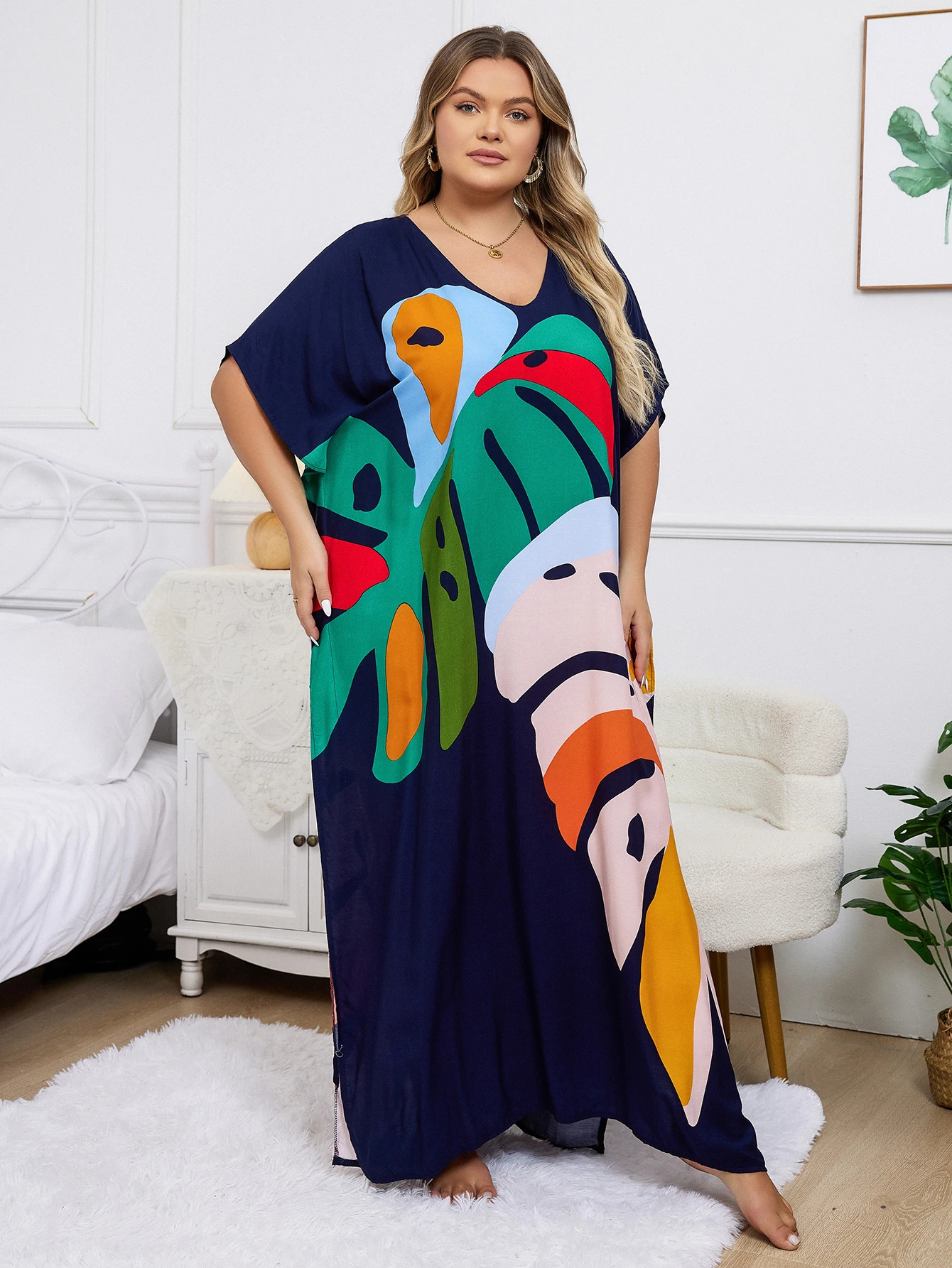 Plus Size artystyczna czarna sukienka Kaftan z nadrukiem roślinnym 2024 letnie ubrania damskie Sundress plażowe sukienki Maxi Q1476