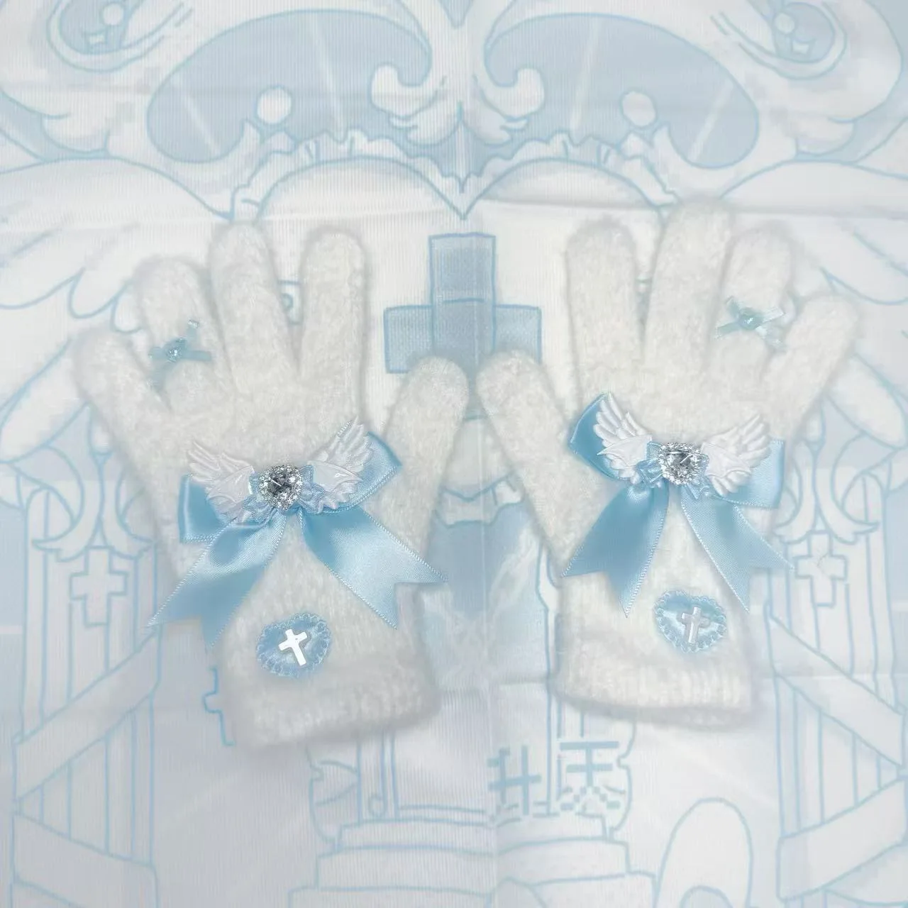 Kawaii Diamond Blue Water Color Angel Wing Landmine Gloves Winter Y2K Women Lolita Bow Tie Fullfinger Gloves Mittens