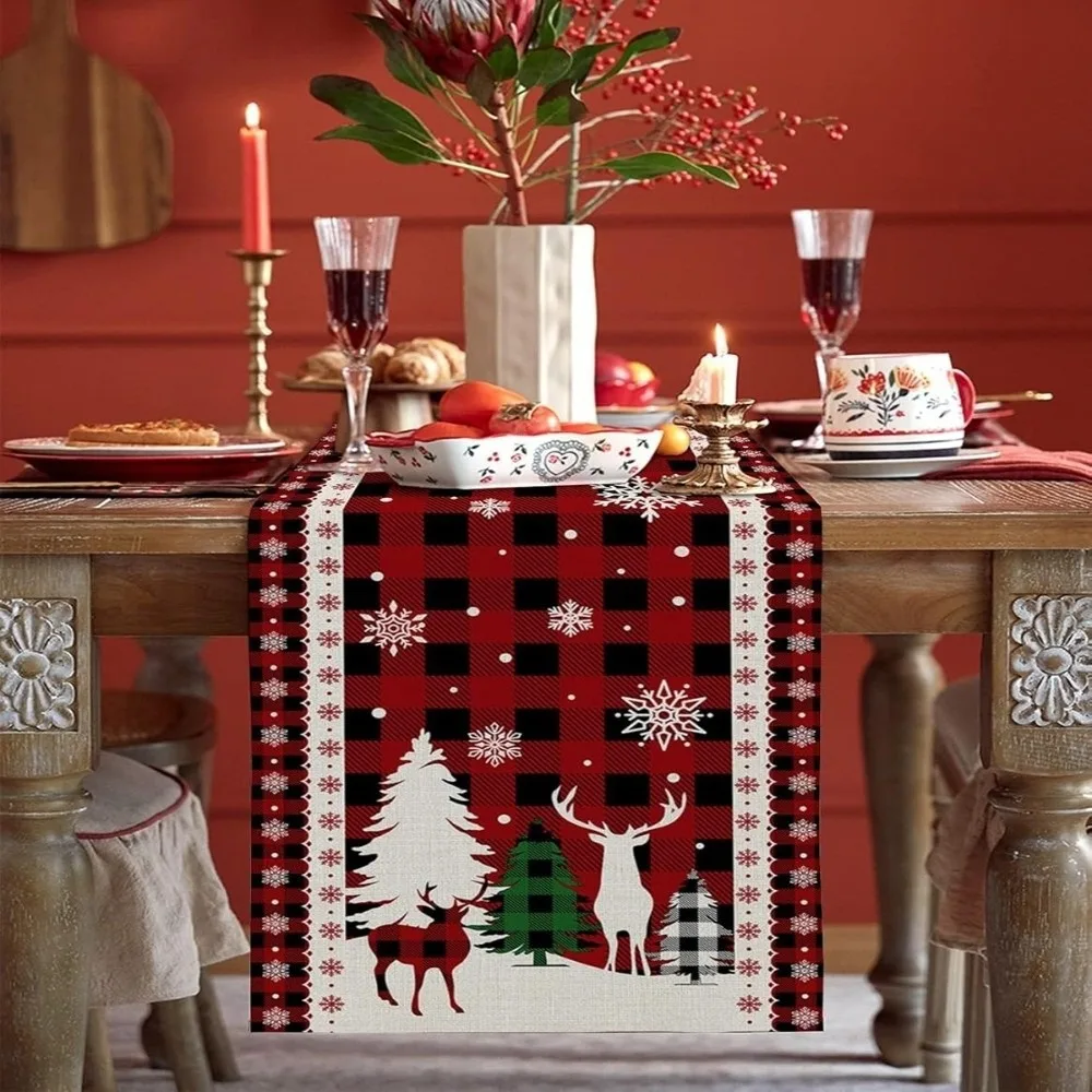 Linen Christmas Table Runner Snowflake Santa Claus Christmas Table Flag Desk Decor Reindeer Xmas Tablecloth Dining Table