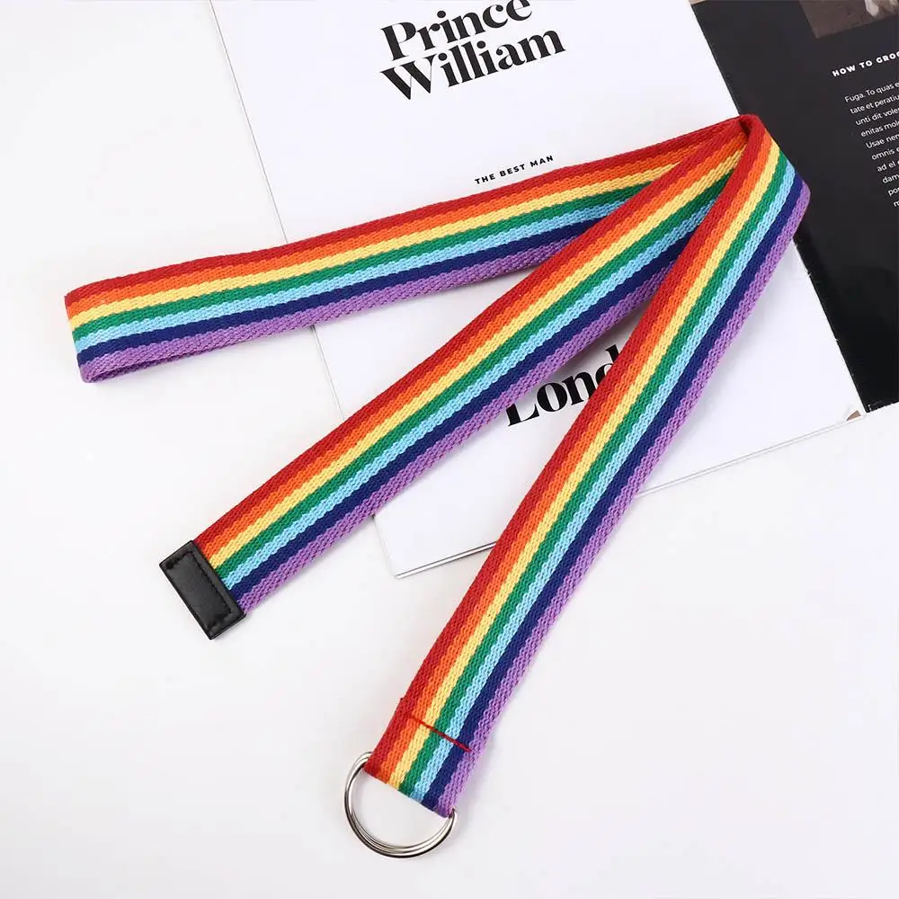 

Gift Nylon Rainbow Canvas Belt D-shaped Buckle Long Men Belt Belt Accessories Korean Style Canvas Waist Belt Student