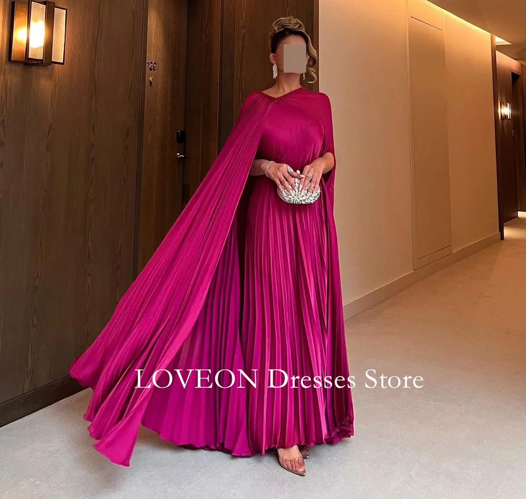 GIOIO Fuchsia Evening Dresses Long Cape Sleeves Formal Customized Ruched Satin Vintage Buttons Elegant Prom Gowns Party Women