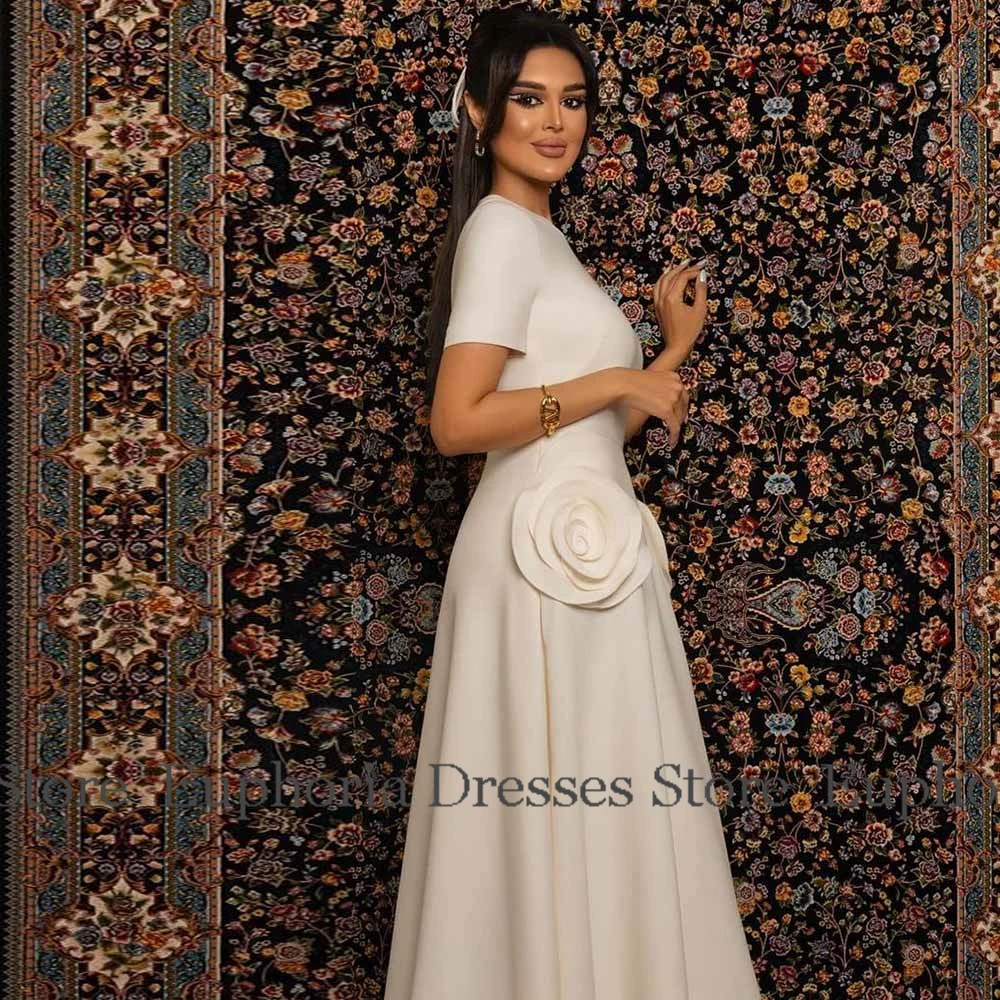 Dubai Damen-Cocktailparty-Kleider, Jersey-A-Linie, Ballkleid, Elfenbein, O-Ausschnitt, 3D-Blumen, gerüschte Ballkleider für Damen, Midi 2023